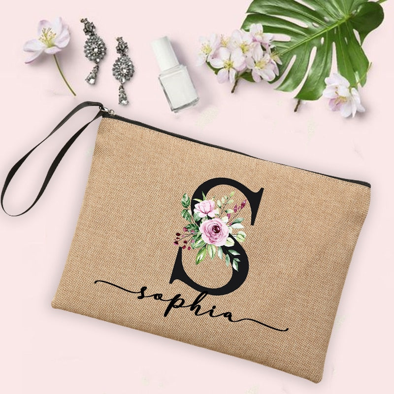 Flower Initial Letter Custom Name Cosmetic Bag Women Neceser Makeup Bag Linen Zipper Pouch Travel Toiletry Organizer Mujer Bolsa 0 karavelas 