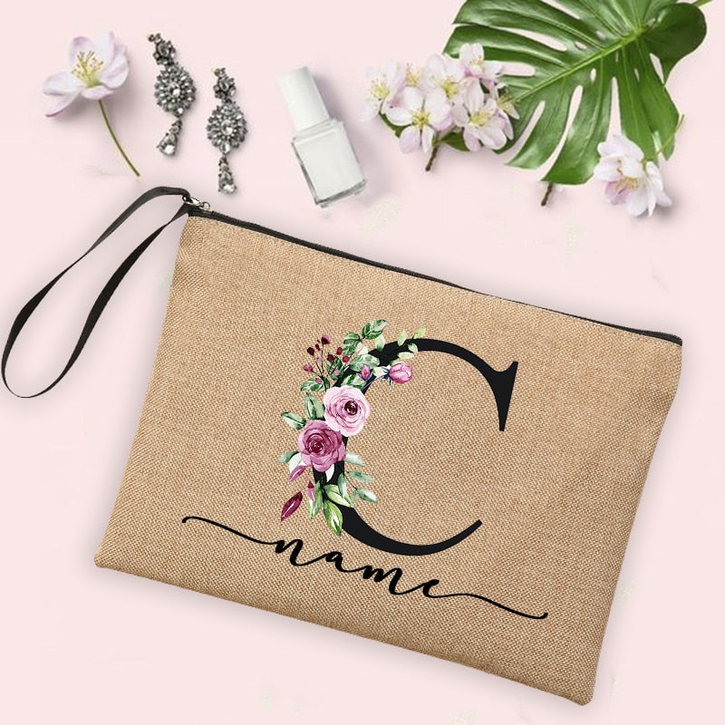 Flower Initial Letter Custom Name Cosmetic Bag Women Neceser Makeup Bag Linen Zipper Pouch Travel Toiletry Organizer Mujer Bolsa 0 karavelas -A012BR-S 2 