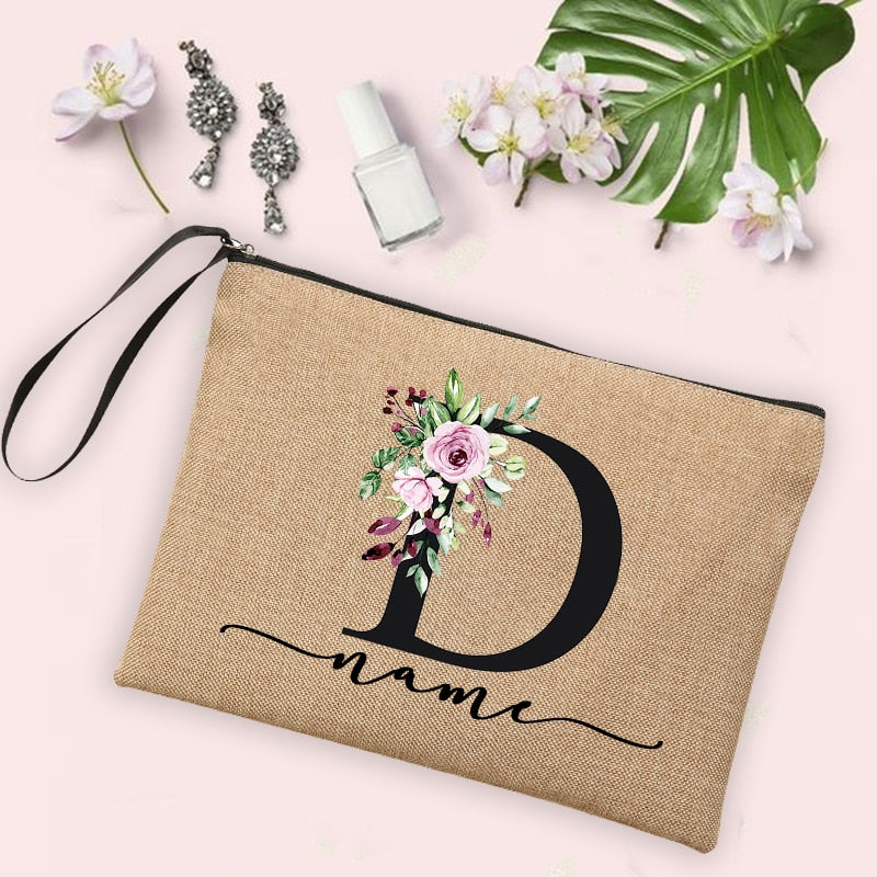 Flower Initial Letter Custom Name Cosmetic Bag Women Neceser Makeup Bag Linen Zipper Pouch Travel Toiletry Organizer Mujer Bolsa 0 karavelas -A012BR-S 3 