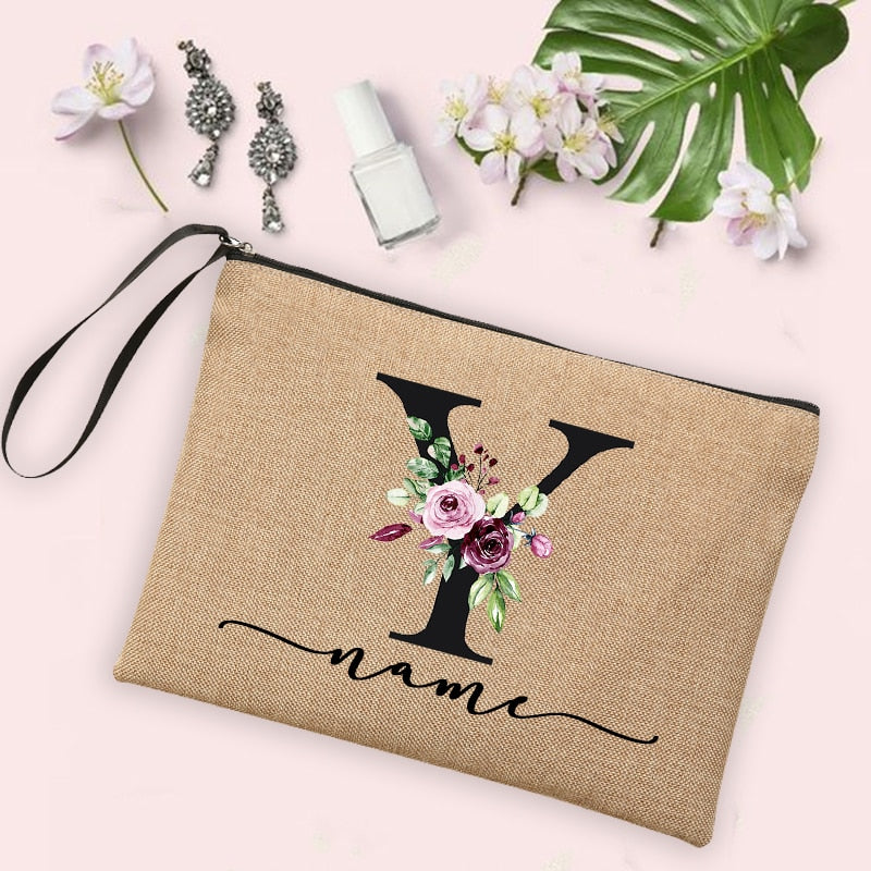 Flower Initial Letter Custom Name Cosmetic Bag Women Neceser Makeup Bag Linen Zipper Pouch Travel Toiletry Organizer Mujer Bolsa 0 karavelas -A012BR-S 24 