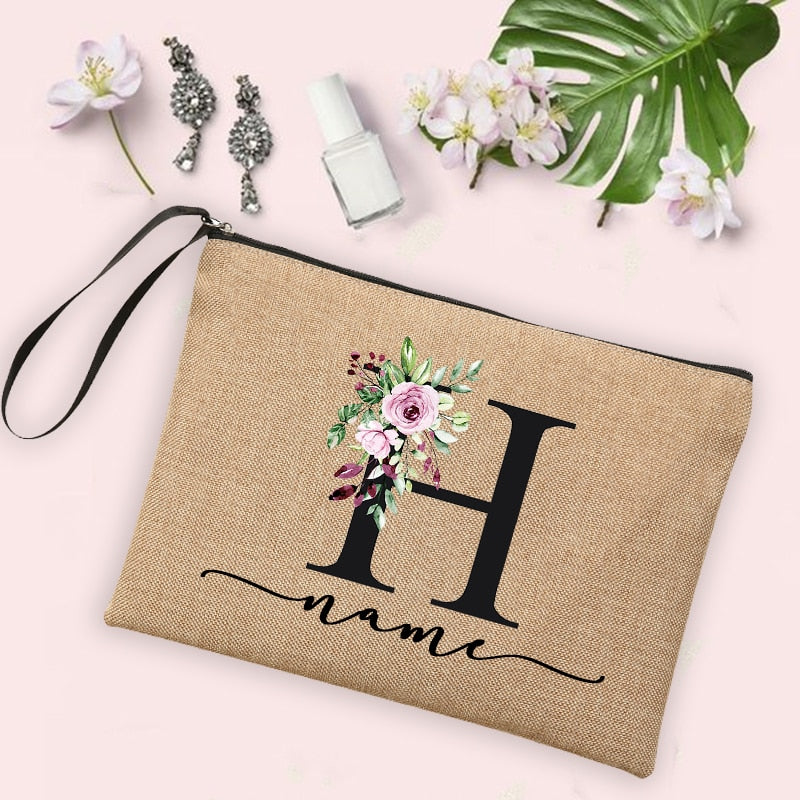 Flower Initial Letter Custom Name Cosmetic Bag Women Neceser Makeup Bag Linen Zipper Pouch Travel Toiletry Organizer Mujer Bolsa 0 karavelas -A012BR-S 7 