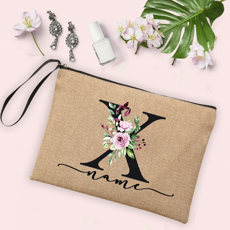 Flower Initial Letter Custom Name Cosmetic Bag Women Neceser Makeup Bag Linen Zipper Pouch Travel Toiletry Organizer Mujer Bolsa 0 karavelas -A012BR-S 23 