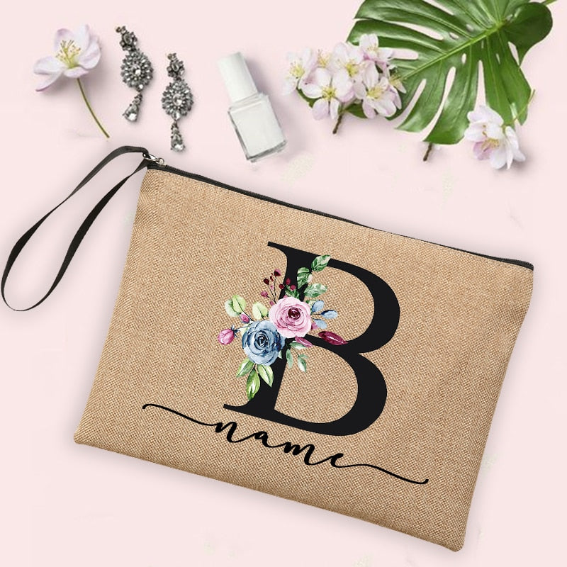 Flower Initial Letter Custom Name Cosmetic Bag Women Neceser Makeup Bag Linen Zipper Pouch Travel Toiletry Organizer Mujer Bolsa 0 karavelas -A012BR-S 1 