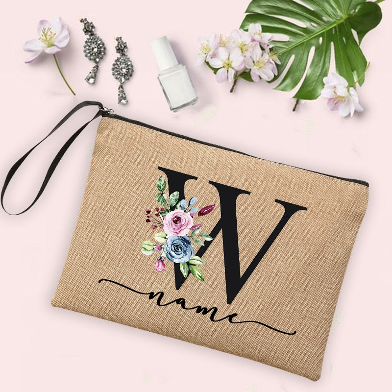 Flower Initial Letter Custom Name Cosmetic Bag Women Neceser Makeup Bag Linen Zipper Pouch Travel Toiletry Organizer Mujer Bolsa 0 karavelas -A012BR-S 22 