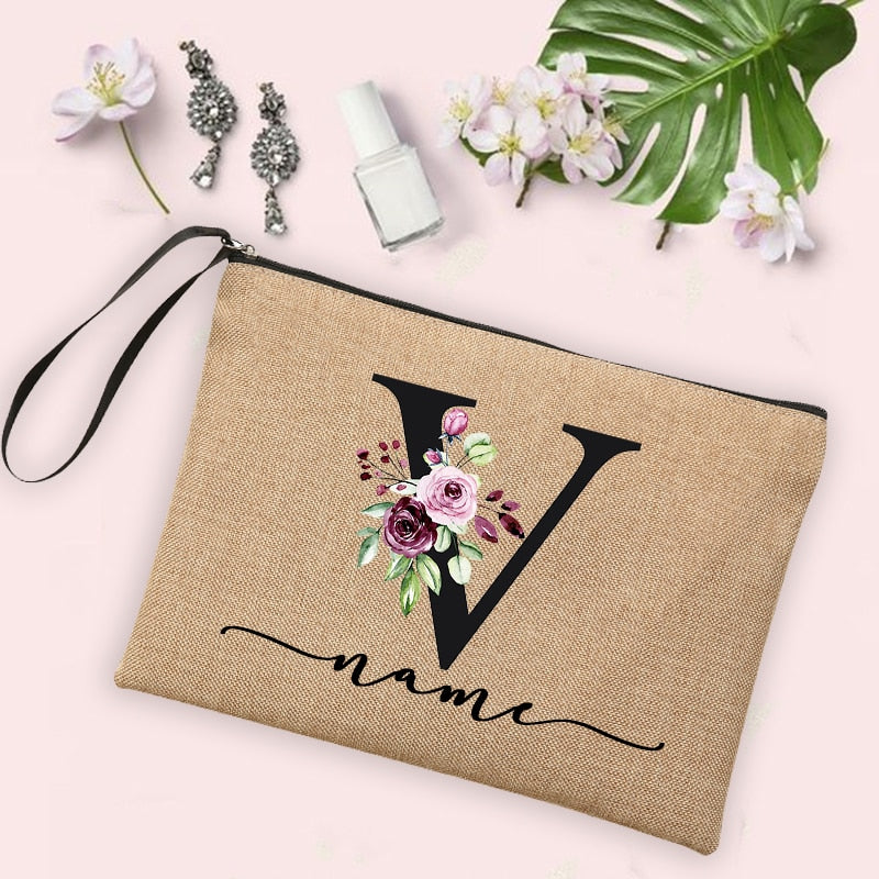 Flower Initial Letter Custom Name Cosmetic Bag Women Neceser Makeup Bag Linen Zipper Pouch Travel Toiletry Organizer Mujer Bolsa 0 karavelas -A012BR-S 21 