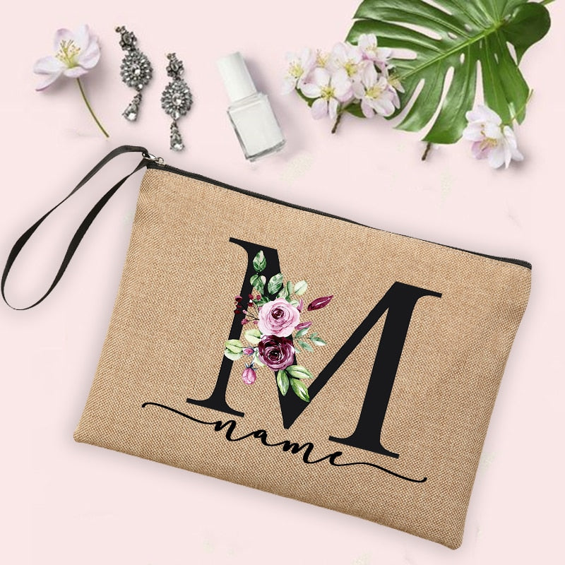 Flower Initial Letter Custom Name Cosmetic Bag Women Neceser Makeup Bag Linen Zipper Pouch Travel Toiletry Organizer Mujer Bolsa 0 karavelas -A012BR-S 12 