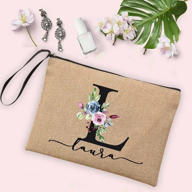 Flower Initial Letter Custom Name Cosmetic Bag Women Neceser Makeup Bag Linen Zipper Pouch Travel Toiletry Organizer Mujer Bolsa 0 karavelas 