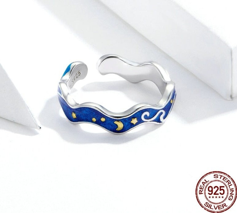 bamoer Sterling Silver 925 Lover Rings for Couple Blue Starry Sky of Van Gogh Open Finger Ring Design Jewelry Accessories SCR608 0 karavelas 